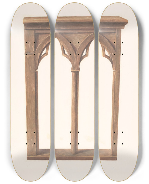 Triptych art skateboard deck of Manuel G Runyan Altar Rail Gate by Manuel G Runyan