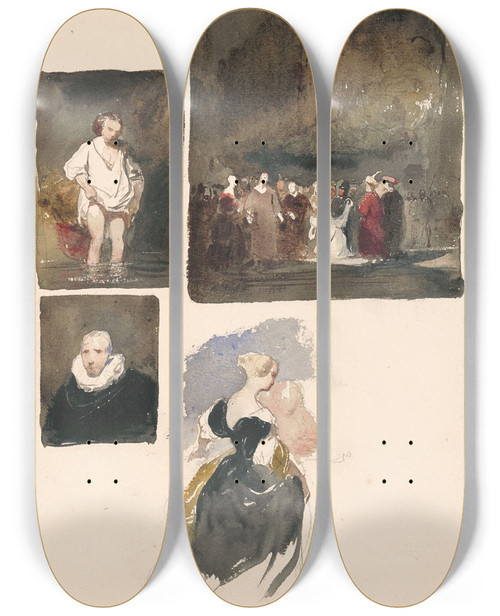Triptych art skateboard deck of Nicaise De Keyser Woman Bathing In The River Christ And The Adulteress Cornelis Van Der Geest And Woman Seen From The Back by Nicaise De Keyser (1813-1887)