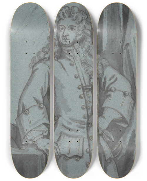 Triptych art skateboard deck of Edward Byng A Gentleman Wearing A Long Buttoned Coat With Large Cuffs by Edward Byng