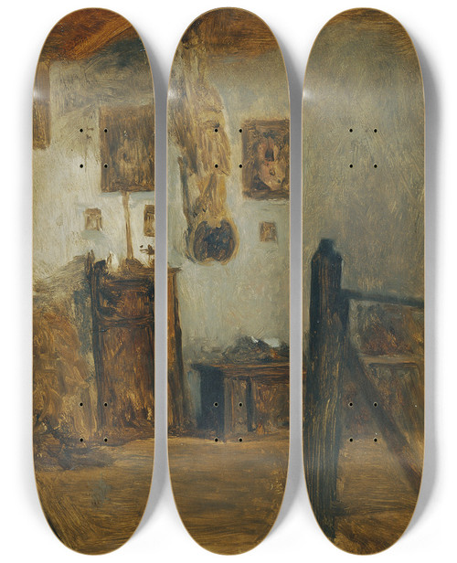 Triptych art skateboard deck of Franz Rumpler Vorhaus Im Geburtshaus Des Knstlers by Franz Rumpler (1848-1922)
