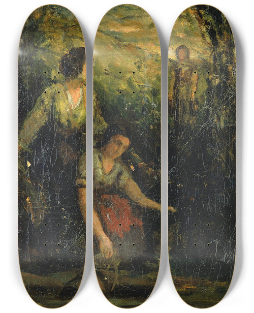 Triptych art skateboard deck of Edward Mitchell Bannister The Drinking Pool Three Women At Water by Edward Mitchell Bannister (1828-1901)