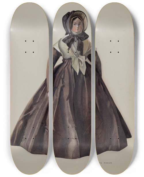Triptych art skateboard deck of Charlotte Angus Quaker Costume Doll by Charlotte Angus (1911-1989)