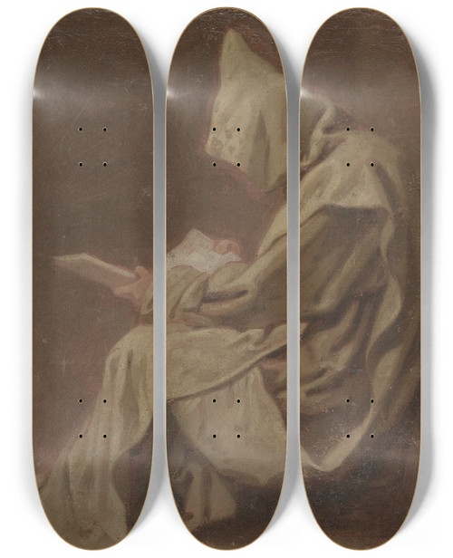 Triptych art skateboard deck of Jean Ii Restout Seated Carthusian Holding An Open Book by Jean II Restout (1692-1768)