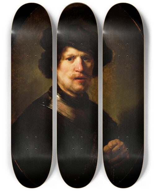 Triptych art skateboard deck of Follower Of Rembrandt Van Rijn Man Wearing A Plumed Beret And Gorget by Follower of Rembrandt van Rijn (1606-1669)