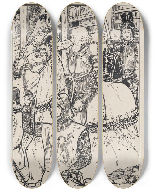 Triptych art skateboard deck of Jacob Pieter Van Den Bosch Koning Lear En Cordelia Gevangen by Jacob Pieter van den Bosch (1868-1948)
