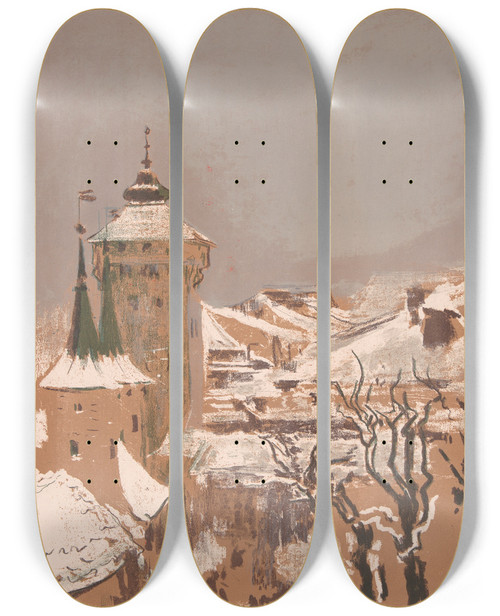 Triptych art skateboard deck of Leon Wyczkowski Florian Gate In Cracow From The Windows Of The Academy Of Fine Arts by Leon Wyczolkowski (1852-1936)