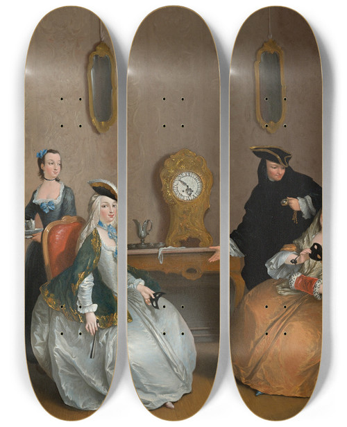 Triptych art skateboard deck of Charlesjoseph Flipart The Hour Of The Masked Ball_1 by Charles-Joseph Flipart (1721-1797)