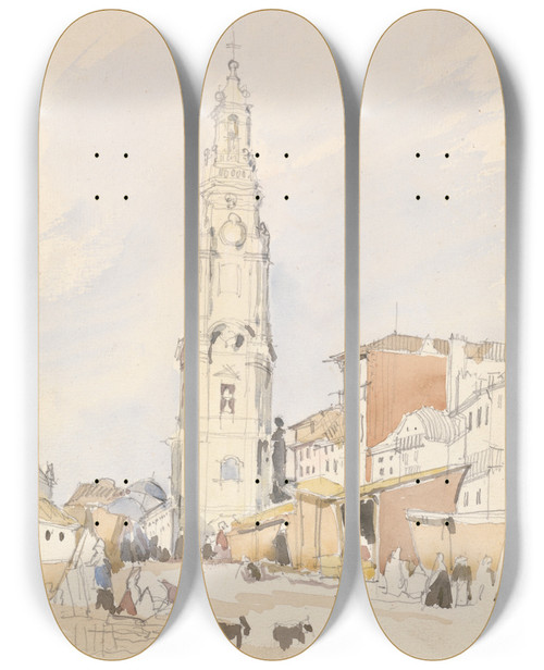 Triptych art skateboard deck of James Holland The Tower Of The Clergy Oporto by James Holland (1800-1870)