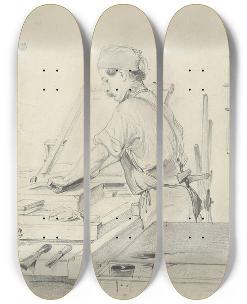 Triptych art skateboard deck of Julius Adam The Elder Selfportrait Working At A Lithographic Press by Julius Adam the elder (1826-1874)
