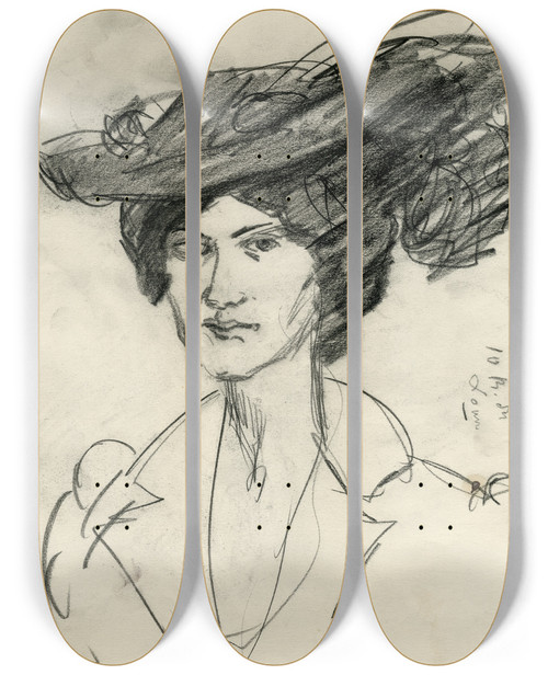Triptych art skateboard deck of Isaac Israls Jonge Vrouw Met Grote Hoed Berthe by Isaac Israels (1865-1934)