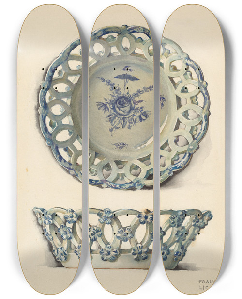 Triptych art skateboard deck of Frances Lichten Fruit Basket by Frances Lichten (1889-1961)