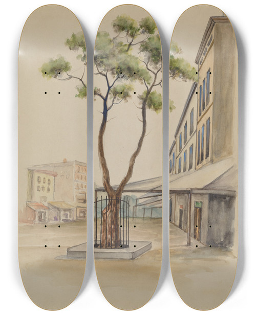 Triptych art skateboard deck of American 20Th Century Street Scene by American 20Th Century