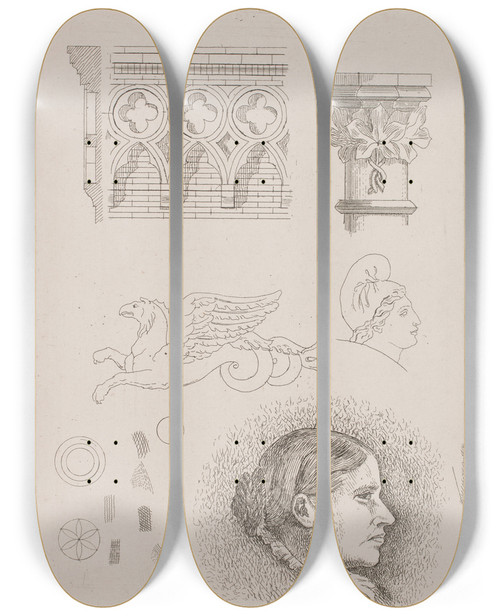 Triptych art skateboard deck of August Jerndorff Prveblad Med Arkitektoniske Fragmenter Og Frk Buchheisters Portrt by August Jerndorff (1846-1906)