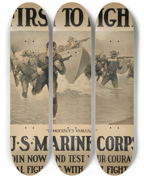 Triptych art skateboard deck of Sidney Riesenberg First To Fight Democracys Vanguard Us Marine Corps Join Now And Test Your Courage Real Fighting With Real Fighters by Sidney Riesenberg (1885-1971)