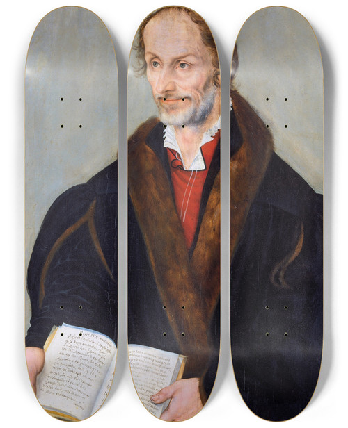 Triptych art skateboard deck of Lucas Cranach The Younger Portrait Of Philipp Melanchthon by Lucas Cranach the Younger (1515-1586)