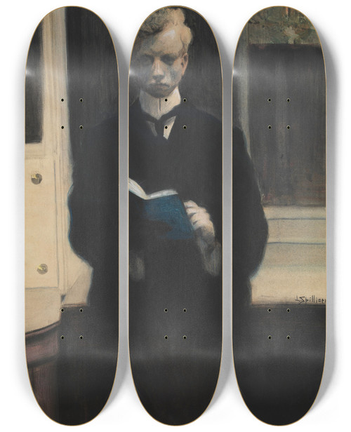 Triptych art skateboard deck of Lon Spilliaert Self Portrait With Blue Sketchbook by Leon Spilliaert (1881-1946)