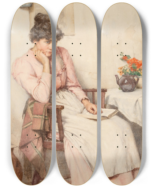 Triptych art skateboard deck of Walter Langley A Thoughtful Interlude by Walter Langley (1852-1922)