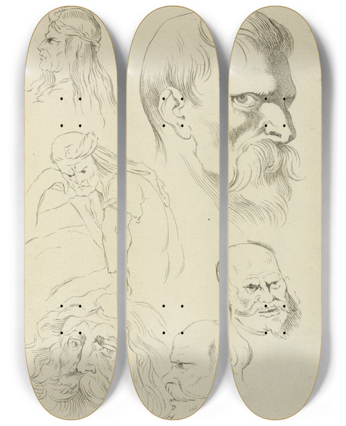 Triptych art skateboard deck of Peter Paul Rubens Five Studies Of Mens Heads Displaying Various Hair Styles Beards And Mustaches One Seated Figure Halflength by Peter Paul Rubens (1577-1640)