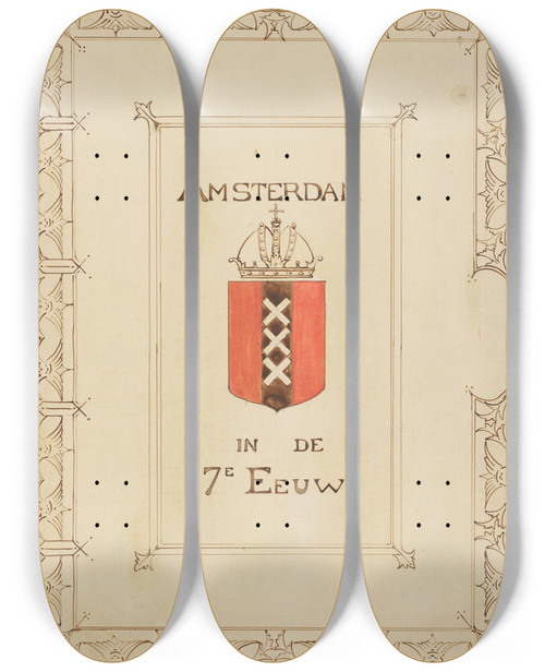 Triptych art skateboard deck of Reinier Willem Petrus De Vries Amsterdam In De 17E Eeuw Zonder Jaar by Reinier Willem Petrus De Vries (1874-1952)
