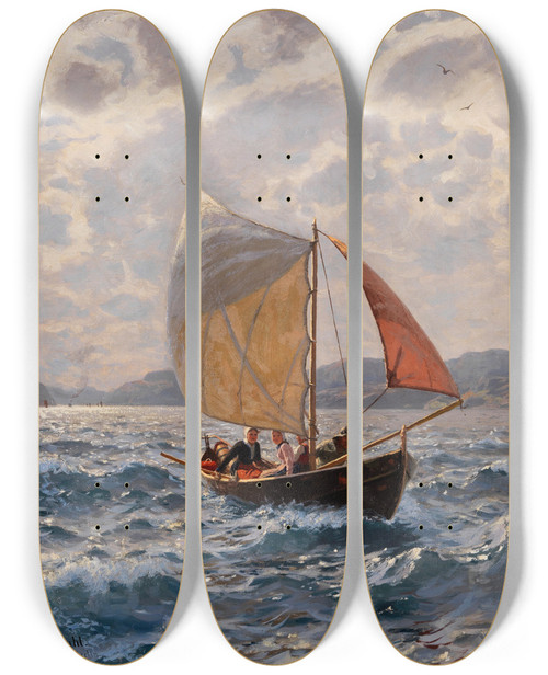Triptych art skateboard deck of Hans Dahl Mit Dem Winde by Hans Dahl (1849-1937)