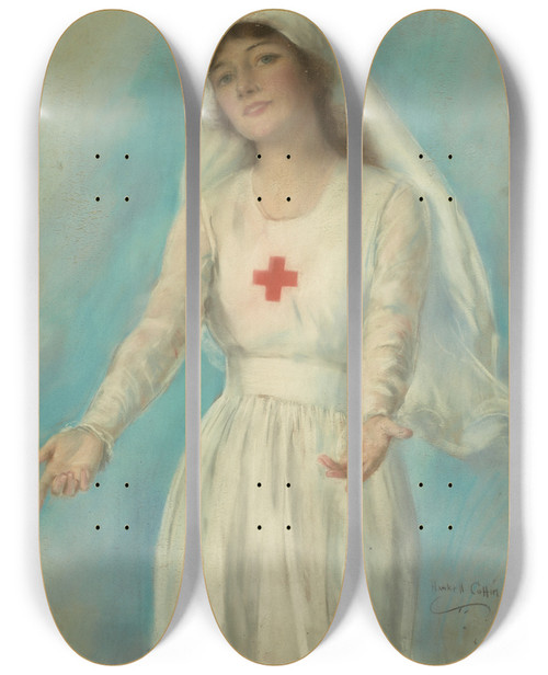 Triptych art skateboard deck of Haskell Coffin Red Cross Nurse by Haskell Coffin (1878-1941)