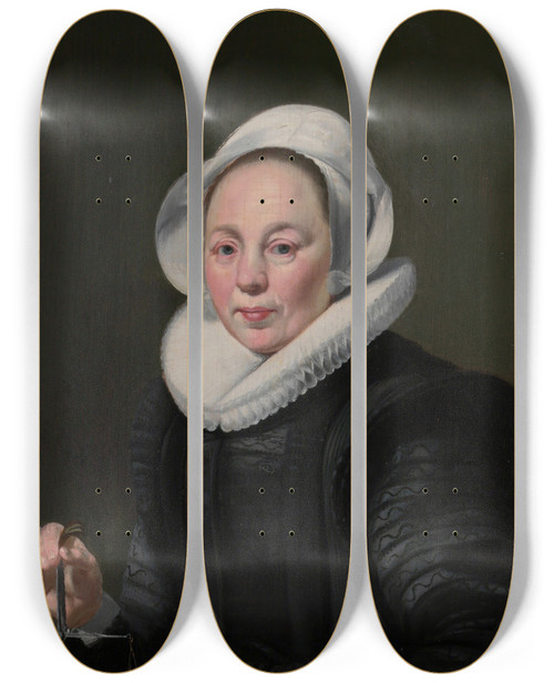 Triptych art skateboard deck of Thomas De Keyser Portrait Of A Woman With A Balance by Thomas de Keyser (1596-1667)