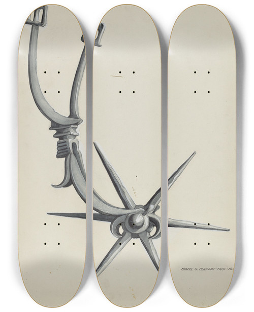 Triptych art skateboard deck of Majel G Claflin Spur by Majel G Claflin (1893-1941)