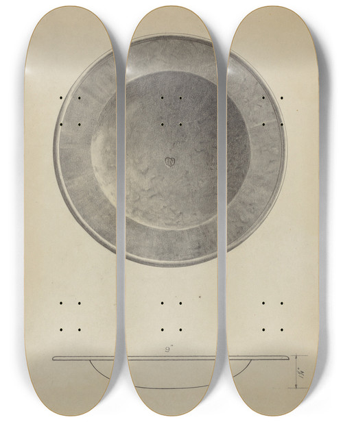 Triptych art skateboard deck of Simon Weiss Silver Alms Dish by Simon Weiss
