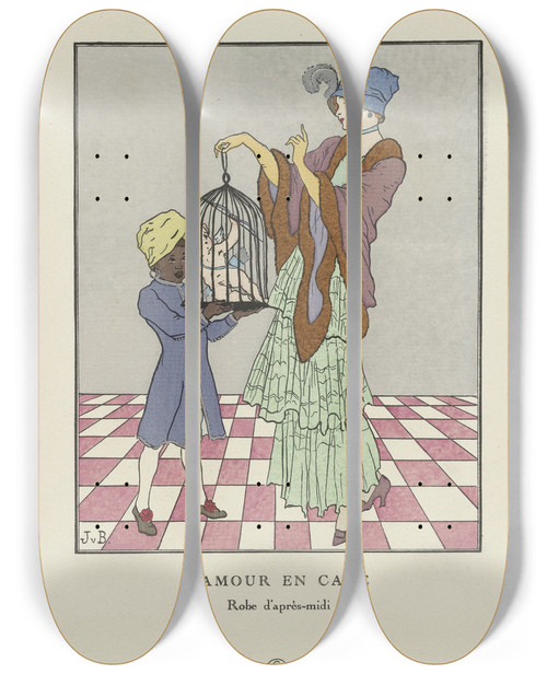 Triptych art skateboard deck of Jan Van Brock Lamour En Cage Robe Daprsmidi by Jan Van Brock (19-20-)