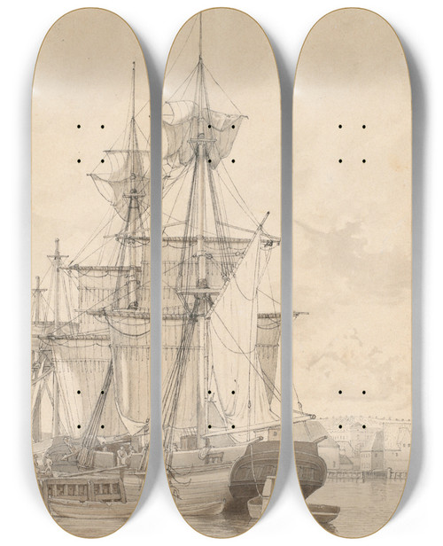 Triptych art skateboard deck of Christoffer Wilhelm Eckersberg Sailing Vessels At Wilders Plads Copenhagen by Christoffer Wilhelm Eckersberg (1783-1853)