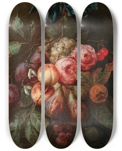 Triptych art skateboard deck of Joris Van Son Fruit And Flowers Hanging From A Ribbon by Joris Van Son (1623-1667)