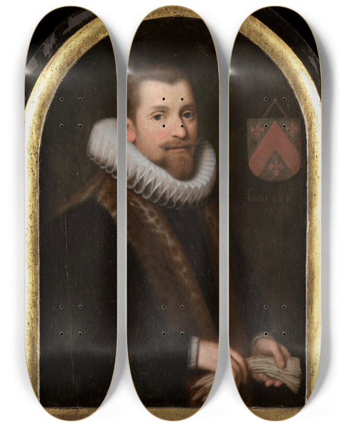 Triptych art skateboard deck of Cornelis Engelsz Portrait Of Floris Gerritsz Van Schoterbosch C 15621618 by Cornelis Engelsz (1575-1650)