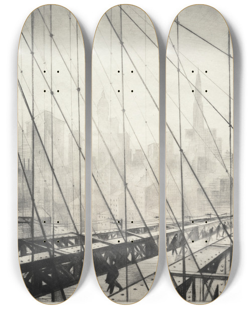 Triptych art skateboard deck of Christopher R W Nevinson Looking Through Brooklyn Bridge by Christopher R W Nevinson (1889-1946)