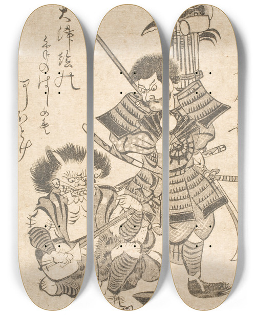 Triptych art skateboard deck of Kitagawa Utamaro Souvenir Print From Tsu Benkei With Weaponry And A Demon With A Samisen by Kitagawa Utamaro (1753-1806)