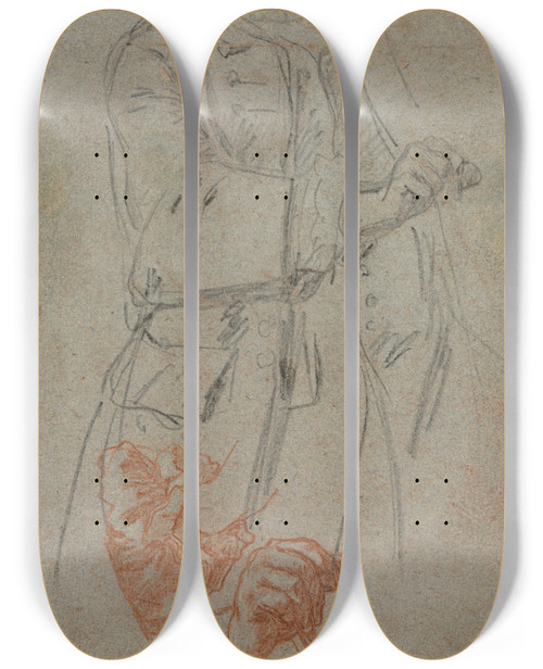Triptych art skateboard deck of Pietro Longhi Studies Of A Costume Sleeve And Hand by Pietro Longhi (1702-1785)