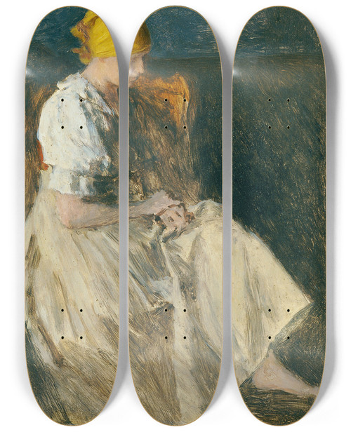 Triptych art skateboard deck of Franz Rumpler Sitzendes Mdchen by Franz Rumpler (1848-1922)