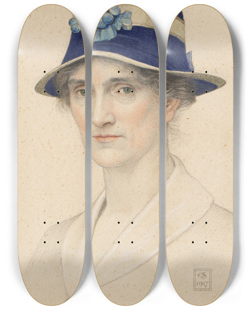 Triptych art skateboard deck of Joseph Edward Southall Portrait Of Anna Elizabeth Southall Nee Baker by Joseph Edward Southall (1861-1944)