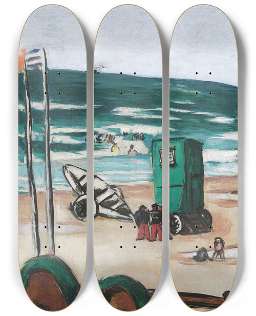 Triptych art skateboard deck of Max Beckmann Badende Mit Grner Kabine Und Schiffern Mit Roten Hosen by Max Beckmann (1884-1950)