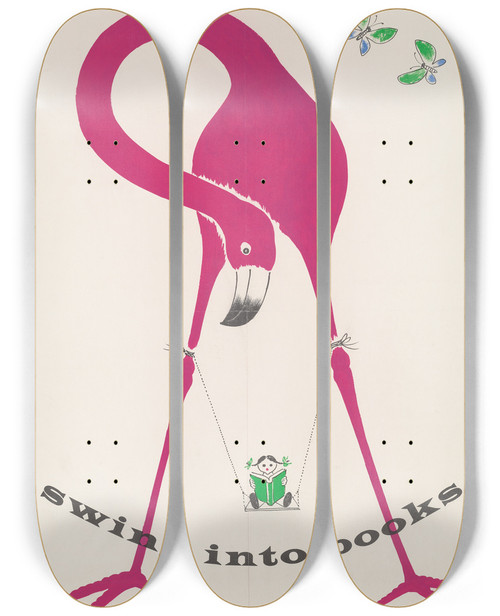 Triptych art skateboard deck of Bruno Munari Swing Into Books Book Week November 17 1964 by Bruno Munari (1907-1998)