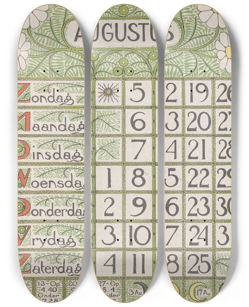 Triptych art skateboard deck of Theo Nieuwenhuis Kalenderblad Augustus 1900 by Theo Nieuwenhuis (1866-1951)