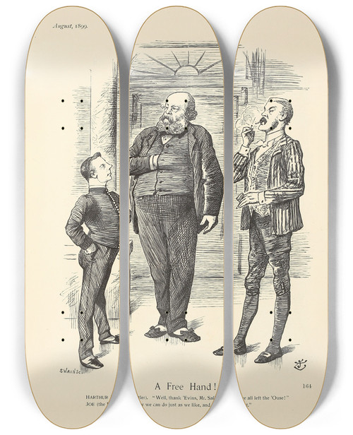Triptych art skateboard deck of Sir John Tenniel A Free Hand by Sir John Tenniel (1820-1914)