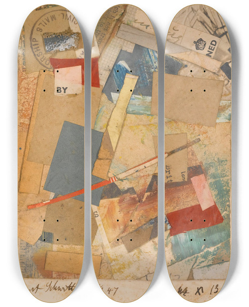 Triptych art skateboard deck of Kurt Schwitters Mz X 13 by Kurt Schwitters (1887-1948)