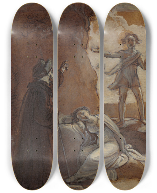 Triptych art skateboard deck of Robert Smirke Prospero And Ariel by Robert Smirke (1752-1845)