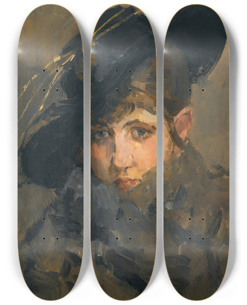 Triptych art skateboard deck of Isaac Israls A Lady In A Hat With A Fur Collar by Isaac Israels (1865-1934)