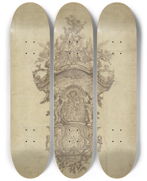 Triptych art skateboard deck of Josef Herscher Design For A Pulpit by Josef Herscher