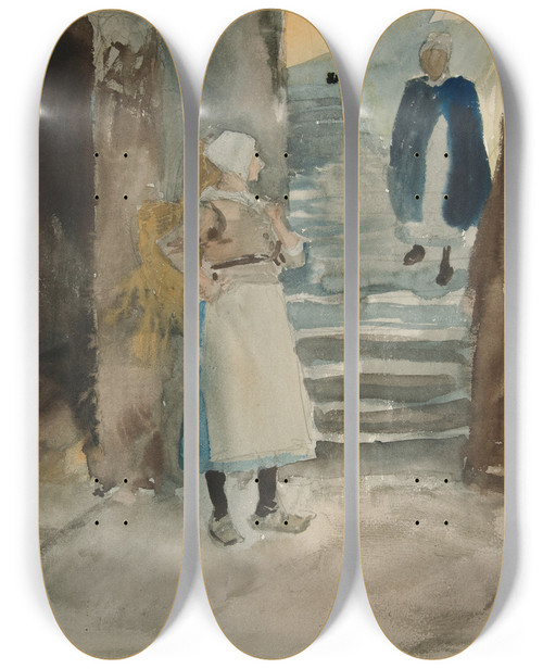 Triptych art skateboard deck of Edwin Austin Abbey Street Scene With Two Fishwives by Edwin Austin Abbey (1852-1911)