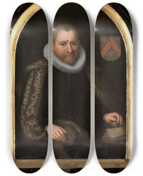 Triptych art skateboard deck of Cornelis Engelsz Portrait Of Gerrit Willemsz Van Schoterbosch C 15381611 by Cornelis Engelsz (1575-1650)