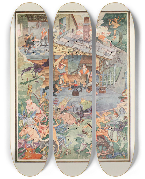 Triptych art skateboard deck of Jean De Bosschre The Devil Beaten Three Times by Jean de Bosschre (1878-1953)