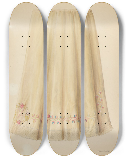 Triptych art skateboard deck of Fritz Boehmer Zoar Embroidered Flannel Petticoat by Fritz Boehmer