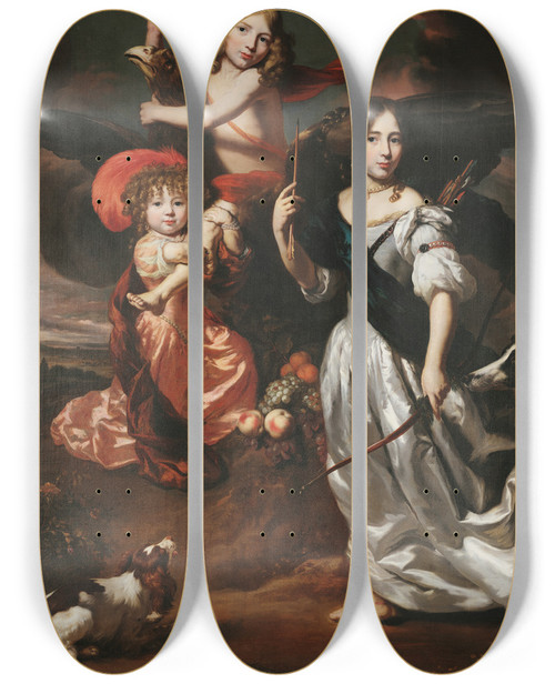 Triptych art skateboard deck of Nicolaes Maes Portrait Of Three Children As Ceres Ganymede And Diana by Nicolaes Maes (1634-1693)